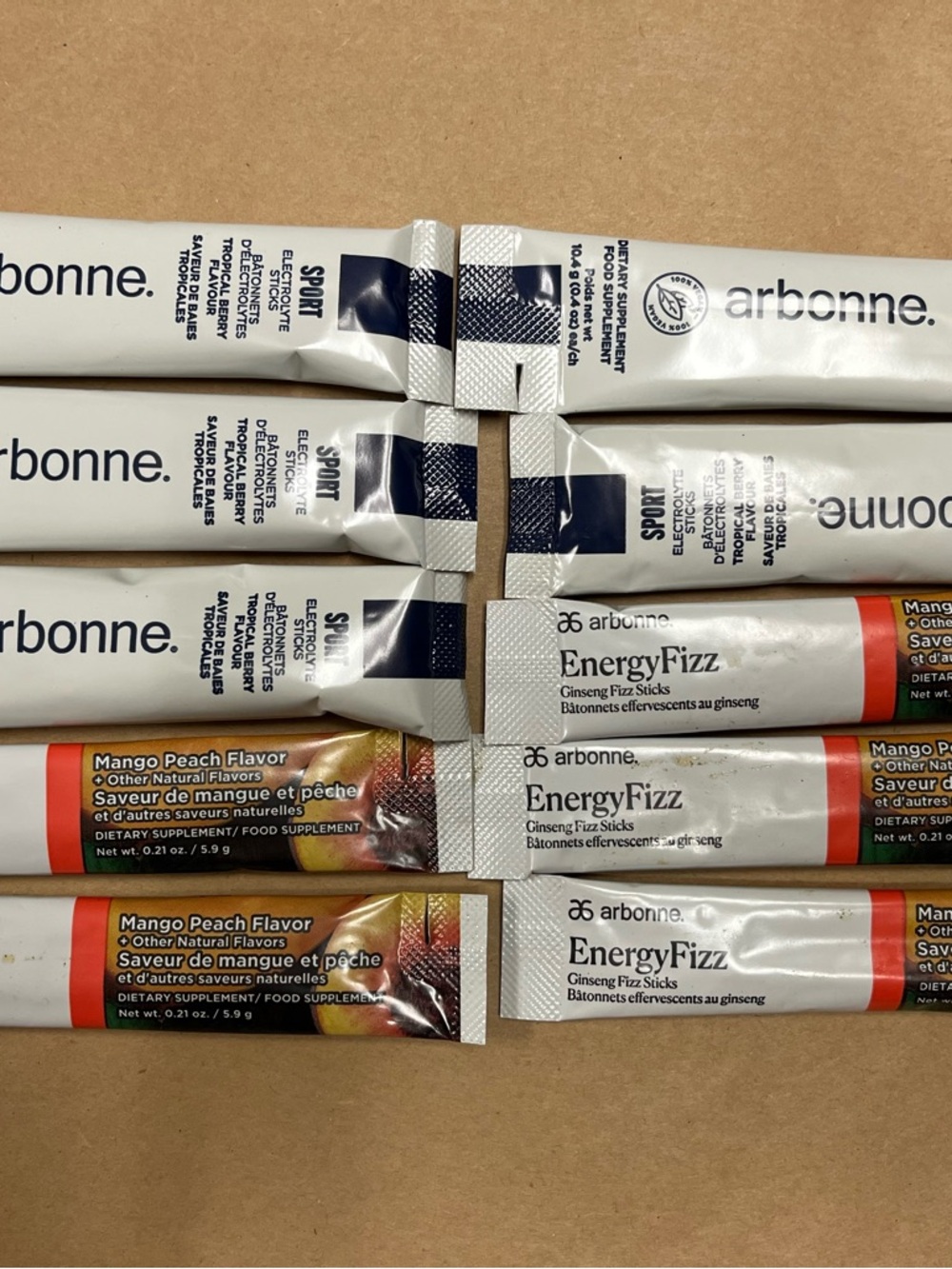 Arbonne 5 Sport Electrolyte Sticks Tropical Berry & 5 Mango Peach EnergyFizz